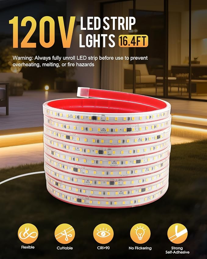 Aclorol LED Strip Lights Outdoor Waterproof 16.4FT 110V Warm White 3000K | LED Rope Light Strip Plug in, with Self-Adhesive for Bedroom Outside Garden Patio Indoor Outdoor Backyards Decor, 120LEDs/m