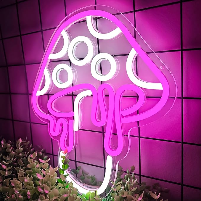 Mushroom Neon Sign Dimmable Led Neon Light Cute Neon Mushroom Sign Night Light 3d Wall Art Mushroom Neon Signs For Wall Decor Game Room Bedroom Decor Holiday Gift For Children Kids Girl (Pink)