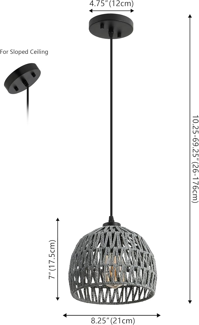 JONATHAN Y Campana 1-Light Pendant Dome Ceiling Lamp, 8.25", Gray | Modern Coastal Farmhouse Decor, Adjustable Height, Woven Rope Metal Frame, LED Bulb Included, UL Listed