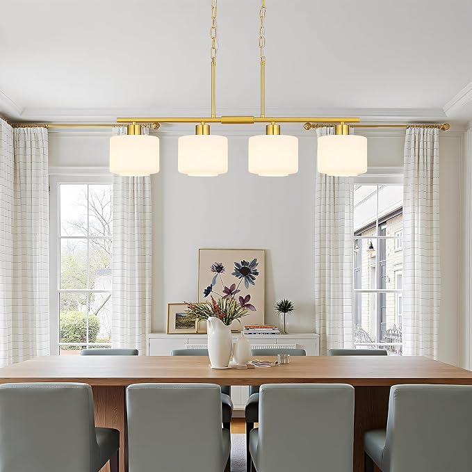 4-Light Brushed Gold Kitchen Island Lighting, Modern Linear Dining Room Chandelier Light Fixtures with Milk Glass and Chain, Mid Century Hanging Lights for Kitchen Island, OS-YQ8153-4ISBGW
