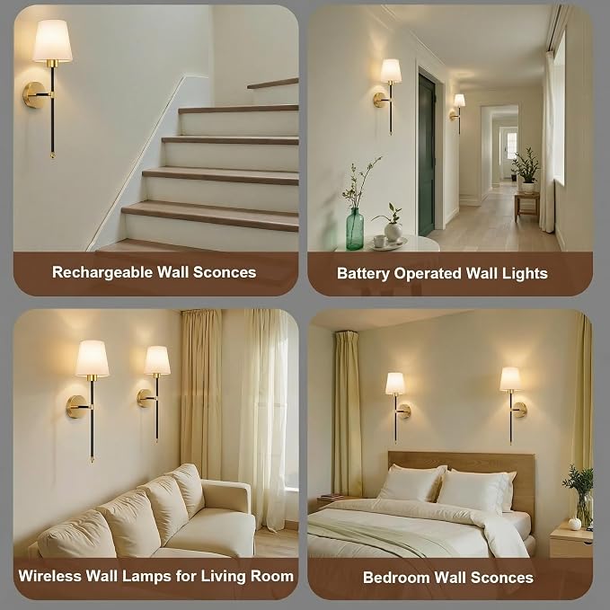 IRONPAX Wall Sconces Battery Operated Set of 2, Wireless Rechargeable Wall Sconce Set of Two, Dimmable Wall Lights with Remote for Bedroom Living Room Hallway Decor (Black-Gold, Fabric Shade)