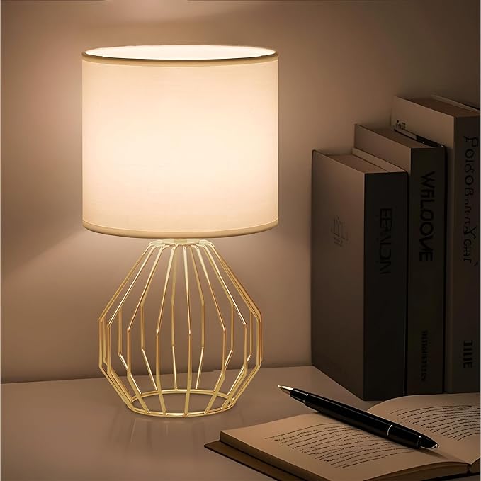 Small Gold Table Lamps, Set of 2 Bedside Nightstand Lamps with White Fabric Shade, Metal Base, Hollow Desk Lamps, Modern Brass Geometric End Table Lamp for Bedroom, Living Room, Office