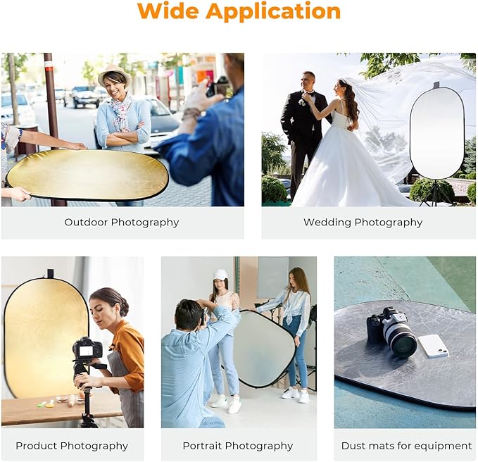 K&F CONCEPT 24" x36”(60x90cm) 5-in-1 Oval Foldable Reflector with Carrying Bag, Gold, Silver, Black, White Reflective Fabric and Translucent Soft Fabric for Studio Lighting