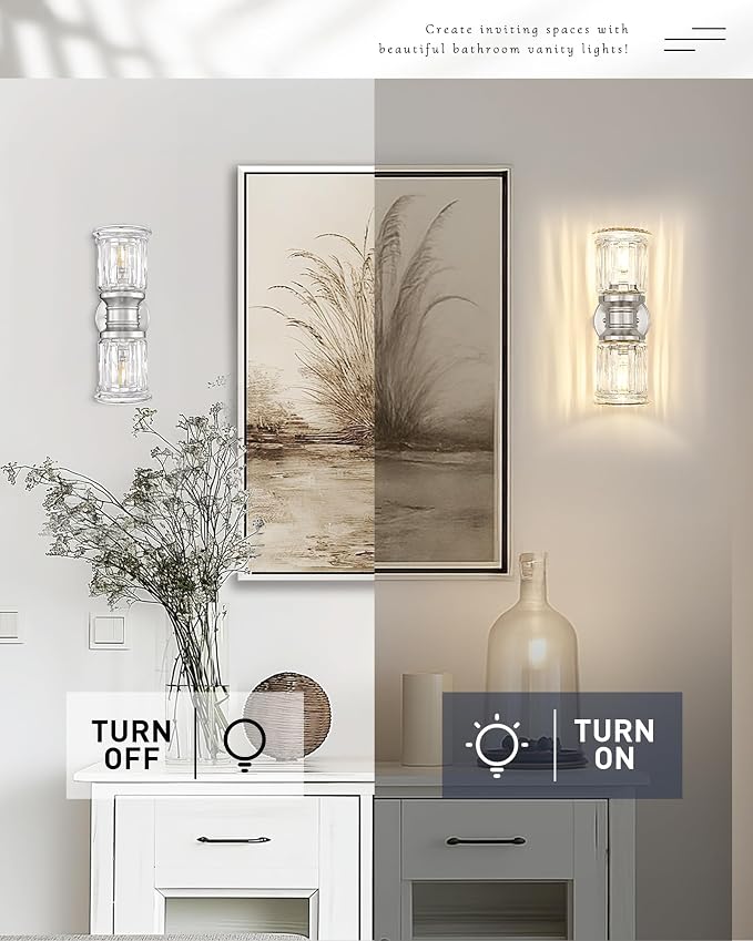 Bathroom Wall Sconces, HWH Brushed Nickel Wall Lighting for Bedroom, 2-Light Bathroom Light Fixtures with Bell-Shaped Clear Glass, Brushed Nickel Finish, 5HZG106B-2W BN