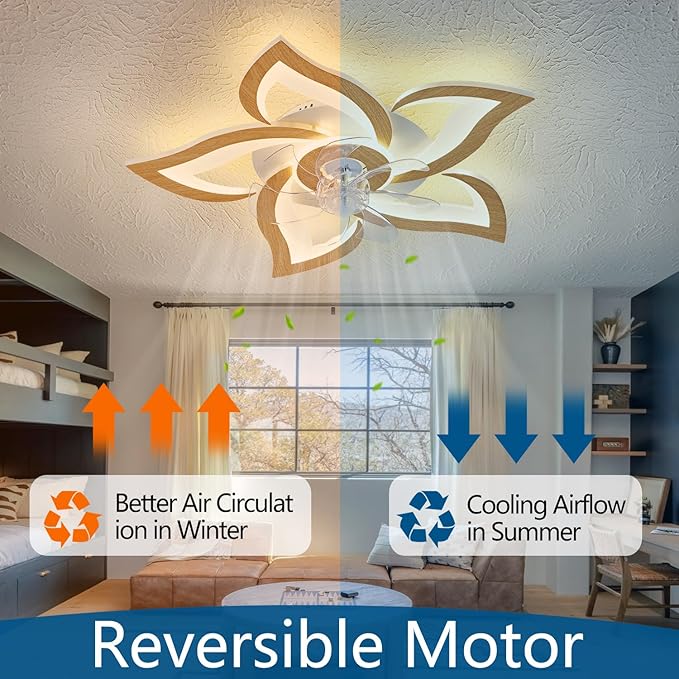 Geometric Ceiling Fan with Lights and Remote Control, Wooden Fan with 3 Light Colors, 6 Speeds - Low Profile Flush Mount for Kitchen, Bedroom, Living Room