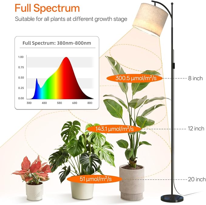 70.8in Tall Grow Light with Stand, Standing Plant Light with Timer | 25W 3000K Non-Dimmable, Full Spectrum LED Grow Lamp for Plant Growth, Flexible Adjustable Angle