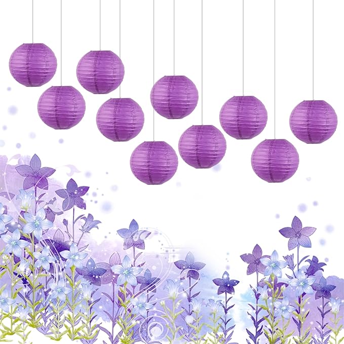 Chinese Paper Lanterns - Pack of 10, 10-Inch Purple Hanging Lights for Birthday Party Decorations, Ceiling Decor, Rainbow Classroom, Wedding, and Home Party