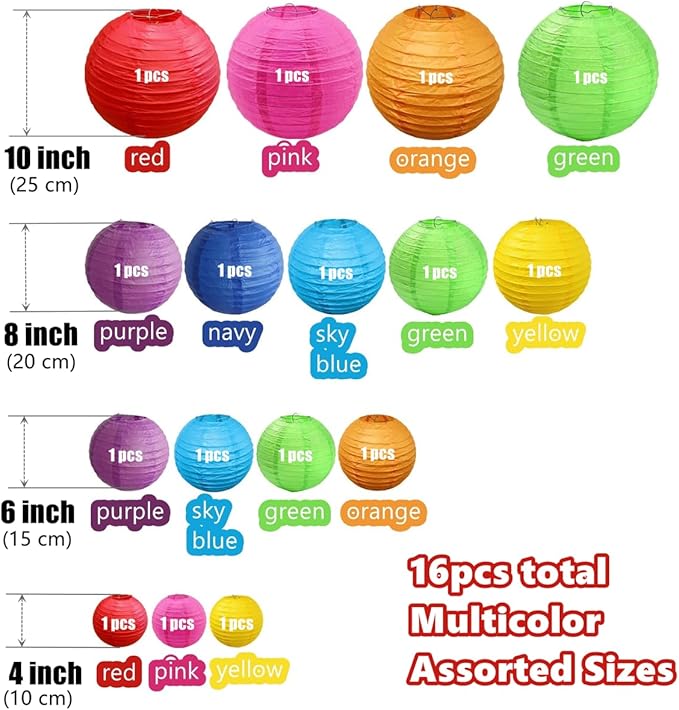 16pcs Colorful Paper Lanterns Multi-Size Hanging Ball Lanterns for Birthday Wedding Bridal Baby Shower Home Office Classroom Outdoor Indoor Party Decoration (Size of 4”, 6”, 8”, 10”)