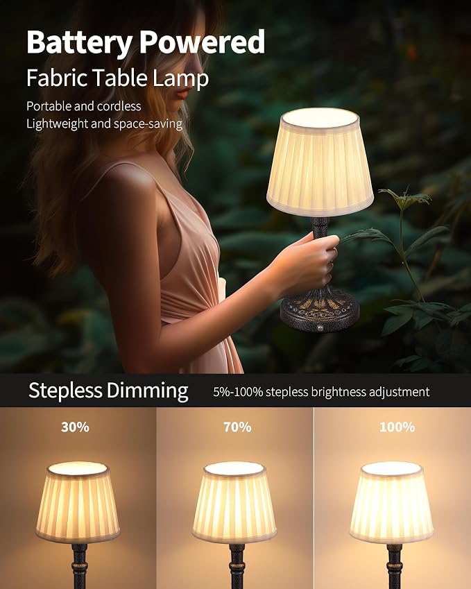 KDG Mottled Silver Cordless Table Lamps Set of 2, Beige Fabric Shade Light | 2700K Stepless Dimmable 4000mAh Battery Powered Portables Small Desk Lamp, LED Lighting for Living Room, Dining Room, Bedroom