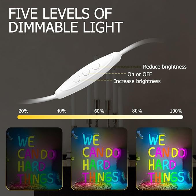 We Can Do Hard Things Neon Sign, LED Motivational Neon Lights for Wall Decor, Dimmable Positive Quote Neon Lights for Classroom, Kids Room, Bedroom, Library, Birthday Party Decoration