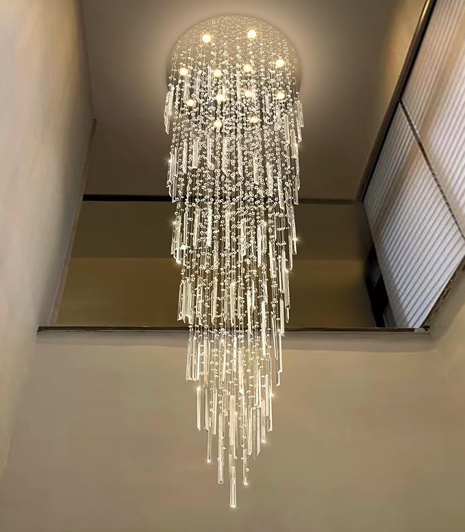 D32'' x H100'' Modern Crystal Chandelier High Ceiling Chandeliers for Entryway Glam Chandelier Large Raindrop Chandeliers LED Dimmable Light Fixtures for Staircaes Foyer Hallway Living Room Silver