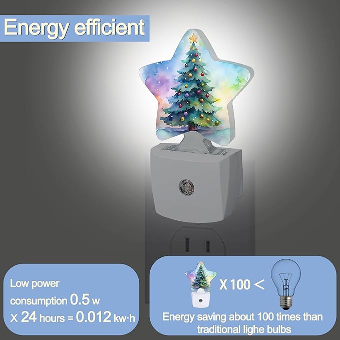 Night Light,Christmas Tree Plug into Wall with Dusk to Dawn Light Sensors,Green Watercolor Warm Star Nightlights for Bedroom,Bathroom,Hallway,Kitchen Home Decor Desk Lamp