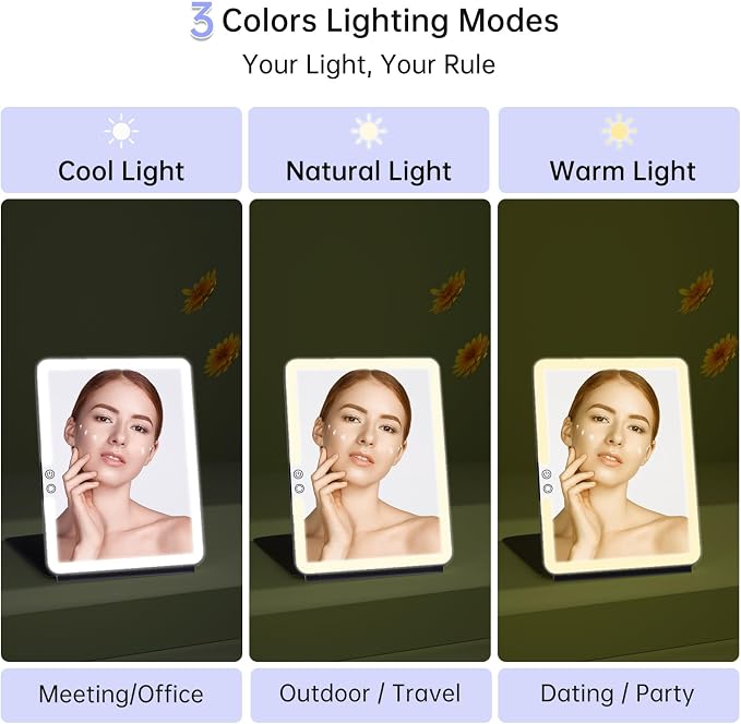 FUNTOUCH 2500mAh 10x7.5 Portable Large Travel Makeup Mirror with Light | Rechargeable Lighted Travel Makeup Mirror with 3 Color Lights,Dimmable Folding Light Up Make up Mirror with Small 10x Mirror