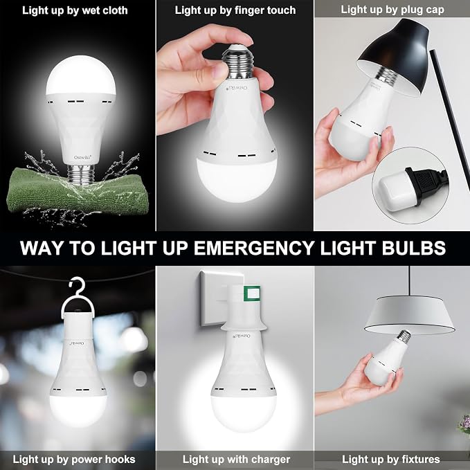 Ostwiki 6 Pack Rechargeable Emergency Light Bulbs Battery Operated Bulb | for Power Outage 9W E26 8500K Daylight Self-Charging LED Lamps for Home Hurricane Preparedness Camping