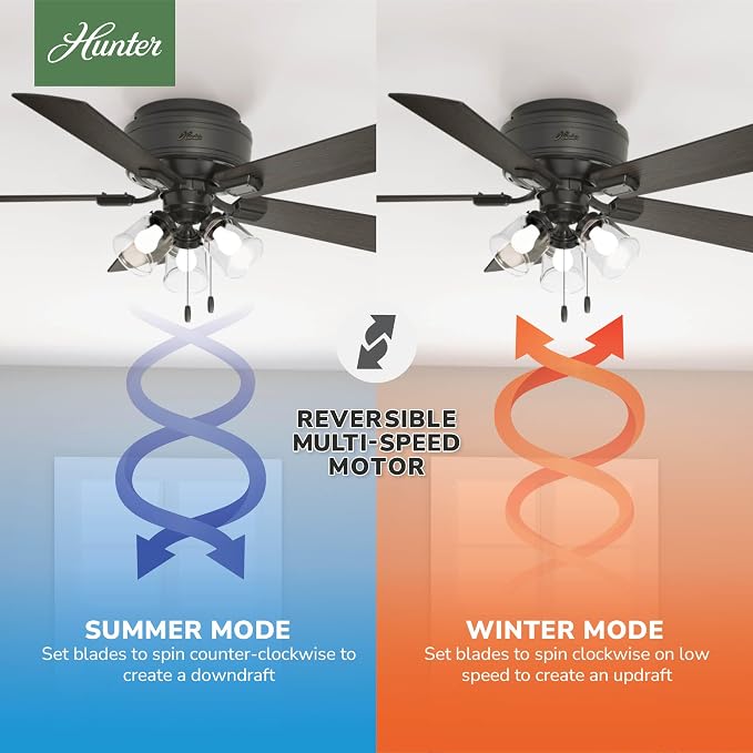 Hunter Crestfield, Indoor, Ceiling Fan, Quiet, 52 inch, Noble Bronze | with LED Lights and Pull Chain, Low Profile Flush Mount, 5 Blades, For Bedroom, Living Room, Kitchen, 54208