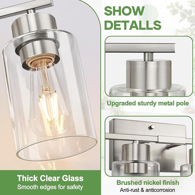 4-Light Bathroom Light Fixtures, Brushed Nickel Vanity Lights, Bathroom Lighting with Clear Glass Shade, Vanity Lighting fixtures for Mirror Kitchen Bedroom Hallway Living Room