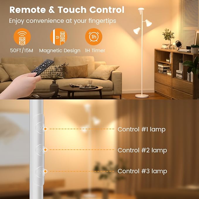 36W LED Tree Floor Lamp, Dimmable Tall Standing Lamp with Remote & Touch Control, 4 Color Temperatures Bright Floor Lamp, 3 Rotatable Light Modern Floor Lamps