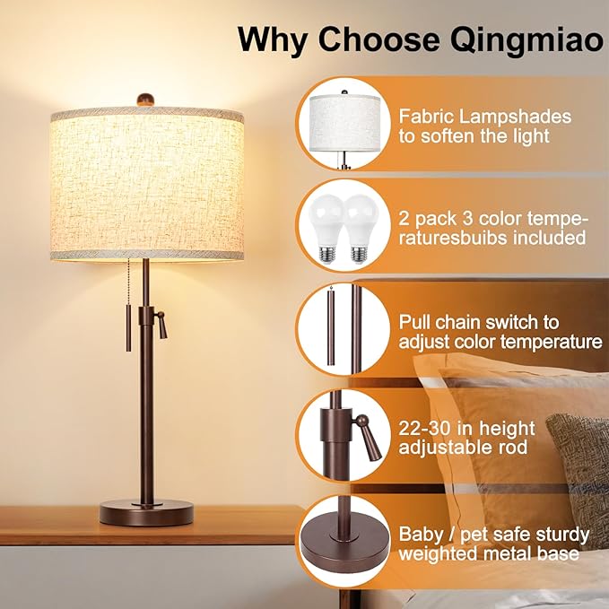 Table Lamps for Bedrooms Set of 2, 22" to 30" Height Adjustable Nightstand Lamps with Linen Shade, Pull Chain Switch Lamps for Living Room, 3 Way Dimmable Bedside Lamp