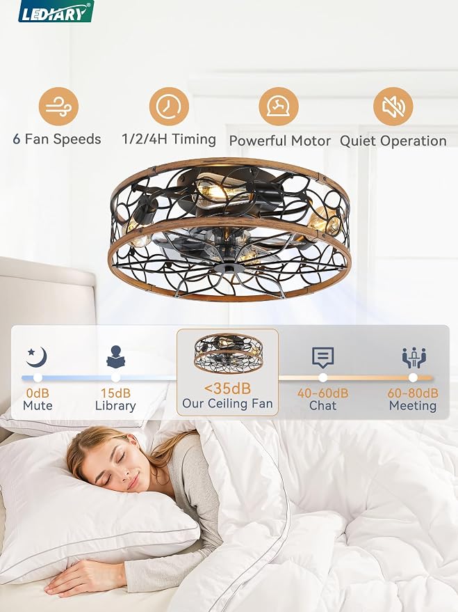 LEDIARY Caged Ceiling Fan with Light, Flush Mount Fandalier with Remote | Low Profile, Farmhouse Small, Bladeless Industrial, Quiet DC Motor, App Control for Bedroom, Kitchen, Dining Room, Walnut