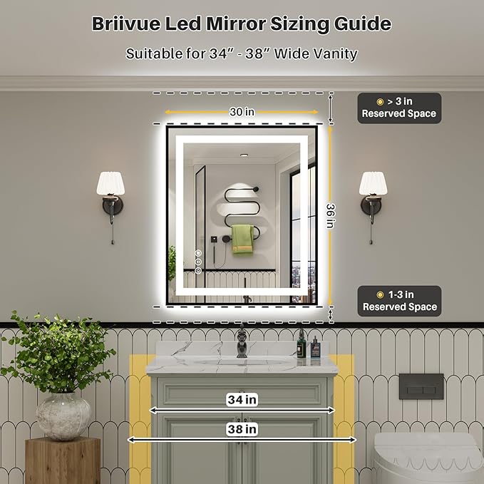 36x30 Inch LED Bathroom Mirror with Black Frame, Backlit & Front Lit | Anti-fog, 3 Color Dimmable, Memory Function, HD Reflection Tempered Glass, ETL Listed, IP54 Waterproof