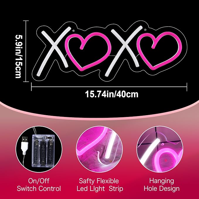 Aslanka XOXO Neon Sign, Led White Pink XOXO Light Sign for Home Decorations, Dimmable USB Powered Neon Sign for Family Bestie Friends Lover Gifts/Night Light, Party Bar Club Prom Décor
