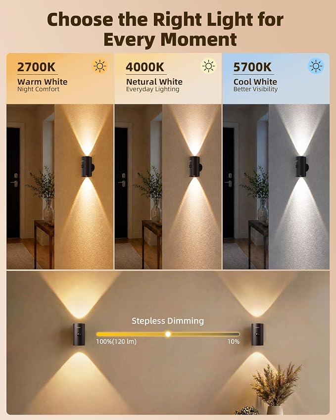 EZVALO Motion Sensor Wall Lights with Remote, Rechargeable, Peel and Stick | 3 Color Temps, 12 RGB Colors, Wireless, Magentic, 2 Pack LED Sconces for Hallway, Living Room