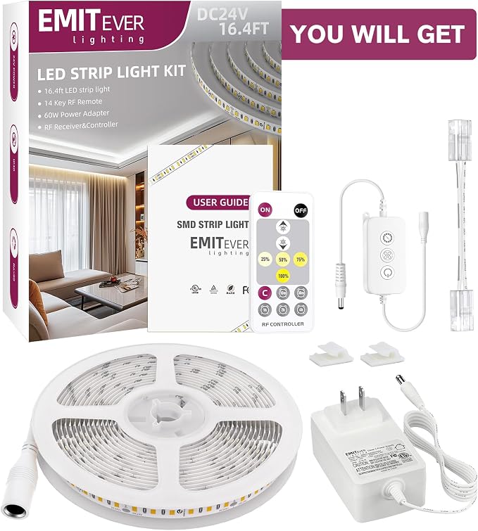 EMITEVER Warm White LED Strip Light Kit 2700K,16.4ft 600LEDs,24V Dimmable | CRI 95+,240+LM/ft.ETL 48W power supply & remote included, UL listed Strip for living room,kitchen,under cabinet & shelving