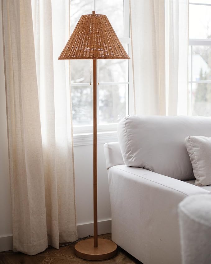 JONATHAN Y Nando 2-Light Coastal Rattan Floor Lamp 61", Brown Wood Finish | Mid-Century Modern, Standing Lamp, Metal Base, Pull-Chain Switch, Woven Coolie Shade, LED Bulbs Included