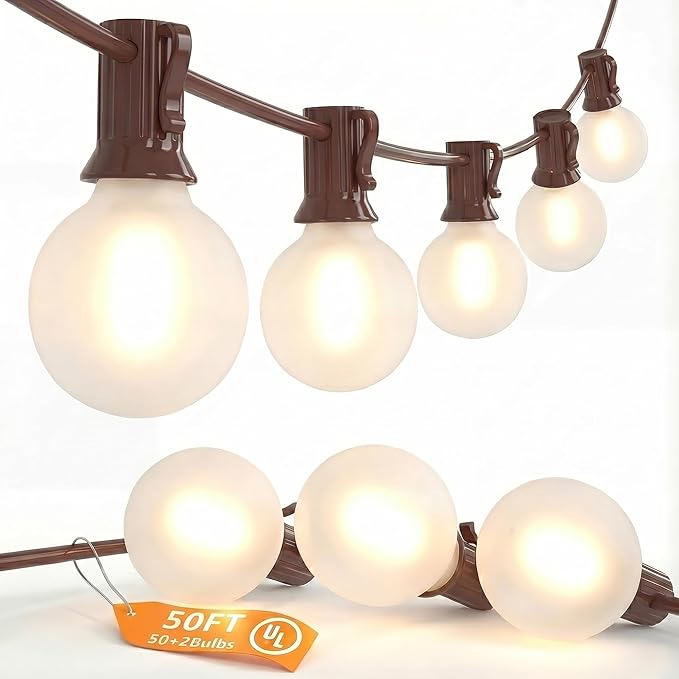 SUNSGNE 50FT Brown Outdoor Edison String Lights, Waterproof Shatterproof LED Globe String Lights with 50 G40 LED Frosted White Bulbs for Backyard Patio Porch Balcony Party Decor, E12 Base