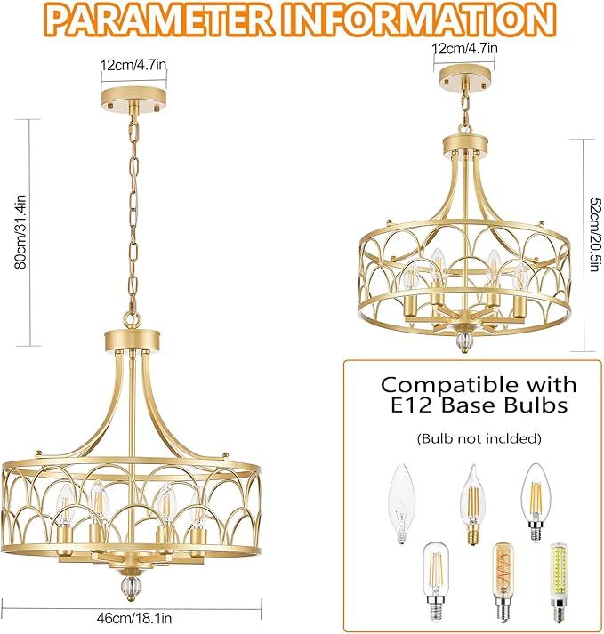 6-Light Gold Chandelier,18.1in Farmhouse Lantern Pendant Light Fixture,Adjustable Hanging Ceiling Lamp with E12 Socket,for Kitchen Island,Bedroom,Entryway,Dining Room