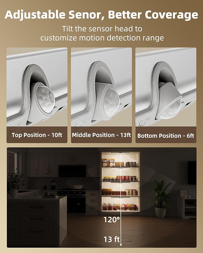 EZVALO 17-Inch LED Motion Sensor Closet Lights, 3600mAh Rechargeable Battery Operated, 150 Lumens No-Glare Curved, 3 Color Temperatures & Dimmable Wardrobe Lights for Panty & Shelves - 3Pack
