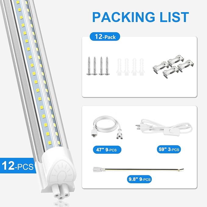 SHOPLED (12-Pack) LED Shop Light 6FT, 60W High Output 8000LM V-Shaped | 6000K Linkable LED Light Fixture for Utility Shop, T8 Integrated Shop Light for Garage, Basement, Warehouse, ETL Listed