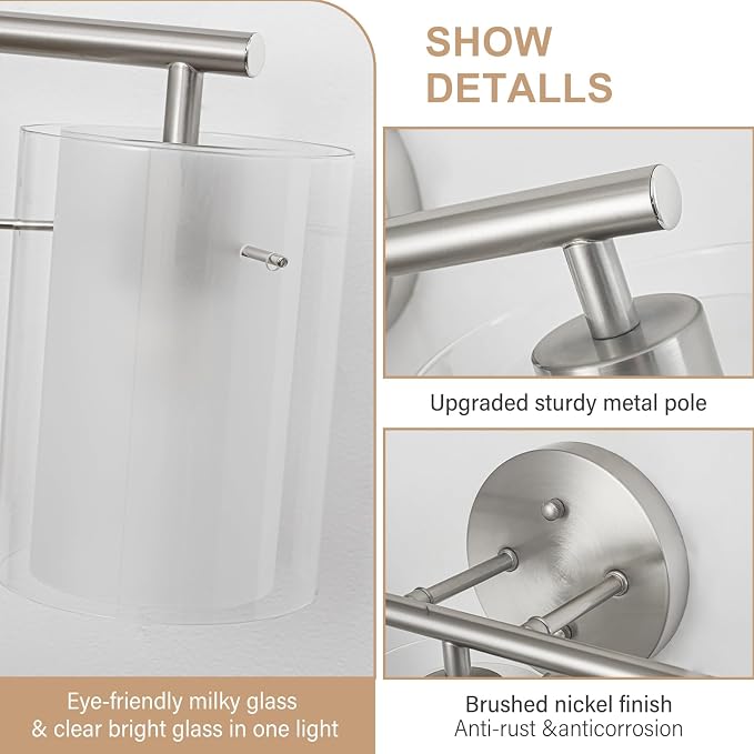 Brushed Nickel Bathroom Light Fixtures Over Mirror, 5-Light 33-Inch Vanity Lights with Dual Glass Shades, Eye-Friendly Modern Vanity Lights for Bathroom Bedroom Living Room Hallway