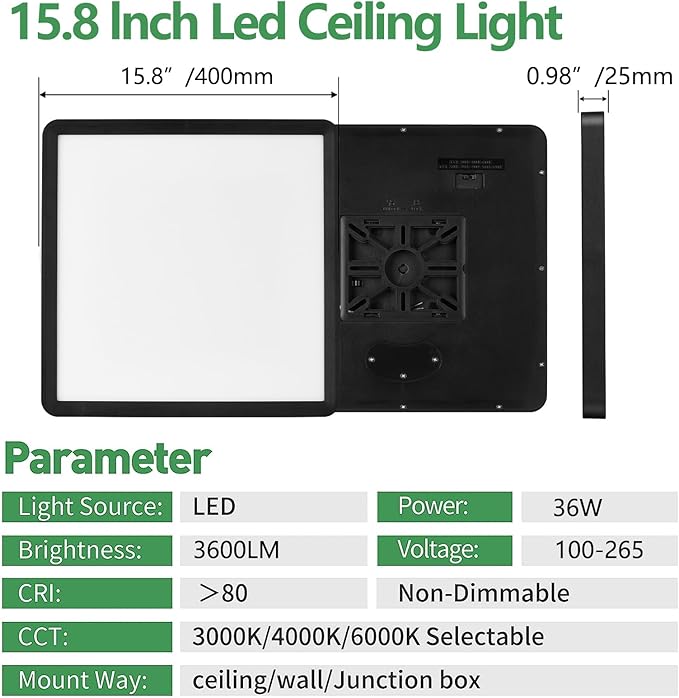 4PK 16 Inch Square LED Flush Mount Ceiling Light, 36W 3600LM, 3000K/4000K/6000K CCT Selectable, Super Slim Low Profile Ceiling Light Firxtue for Bedroom/Kitchen/Living room/Dinning room/Hallway, Black