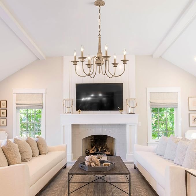 24" French Country Chandelier for Kitchen Island, 9-Light Farmhouse Pendant Light Fixture in Antique White, Adjustable Height for Dining Room & Living Room, Foyer
