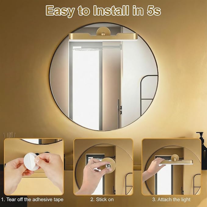 Benreom 2 Pack Wireless Vanity Lights for Mirror, Magnetic LED Bars, Gold | Rechargeable with Adjustable Color, Brightness and Angle for Makeup Mirrors, Bathrooms and Renter-Friendly Decor