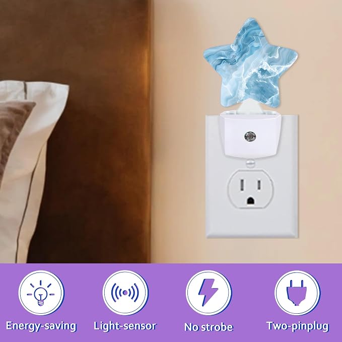 Energy Efficient Nightlights Plug in Wall, Blue White Marble Night Light for Kids Bedroom Decorative, Abstract Dusk-to-Dawn Sensor Sleep Friendly Lamp for Nursery Bathroom Basement