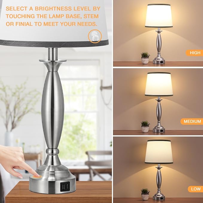 Bedroom Lamps for Nightstand, 3 Way Dimmable Silver Bedside Lamps with USB | Touch, USB C+A Ports, Bulb Included, Grayish-white Shade, Silver, Chrome, Bed Side lamps for Night Stands, Living Room