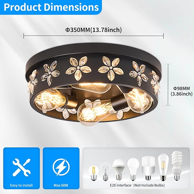 13.8 inch Black Flush Mount Ceiling Light Fixture | 4-Light, Industrial, Farmhouse, Bedroom, Living Room, Kitchen, Hallway, Foyer