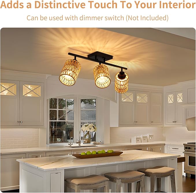 3-Light Rattan Ceiling Lighting Kits Track Lighting Fixture with Boho Farmhouse Style, Modern Bathroom Light Fixtures Black Spotlight and Rattan Shades for Kitchen Bathroom Living Room Hallway