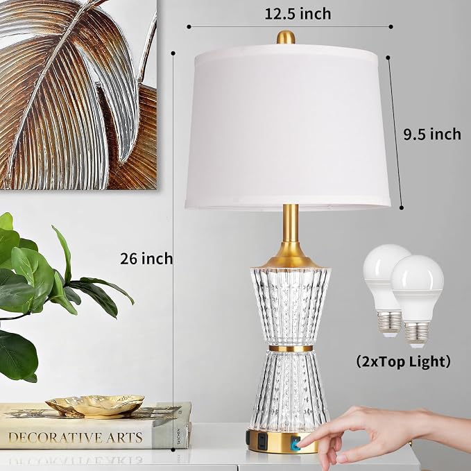 26" Modern Table Lamps, Gold Set of 2 Table Lamps Night Light with 2 USB Charging Ports & AC Outlet, Bedside Nightstand Lamp White Shade for Living Room Bedroom Home Decor(2 LED Bulbs Included)