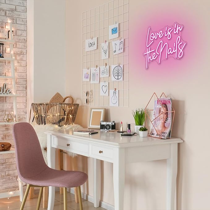"Love is in the nails" Neon Sign Nail Neon Light Pink LED Sign Letter Neon Light Up Sign for Nail Salon Beauty Salon Makeup Room Decoration(16.5 * 12.7)