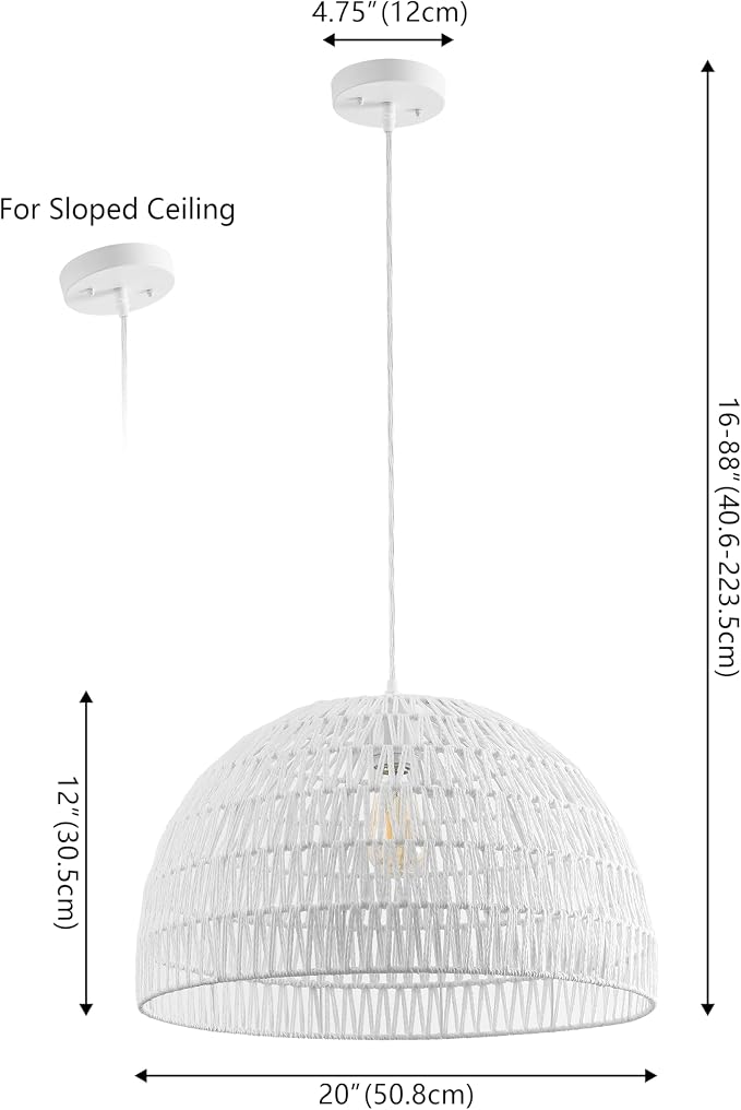 JONATHAN Y Campana 1-Light Pendant Dome Ceiling Lamp, 20", White | Modern Coastal Farmhouse Decor, Adjustable Height, Woven Rope Metal Frame, LED Bulb Included, UL Listed