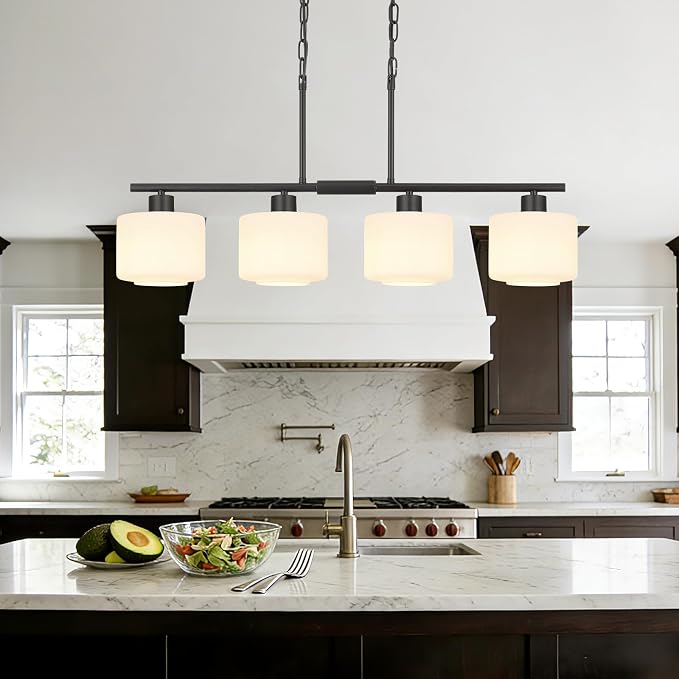 4-Light Kitchen Island Lighting, Modern Black Linear Dining Room Chandelier Light Fixtures with Milk Glass and Chain, Farmhouse Hanging Lights for Kitchen Island Dining Room, OS-YQ8153-4ISBKW