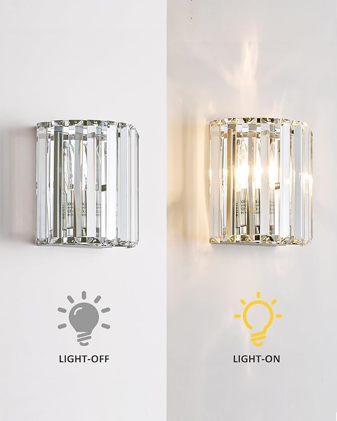 Crystal Wall Sconces Set of Two, Modern Wall Sconce Set of 2 in Chrome Finish, E12 Bases Wall Lamp for Living Room, Bedroom, Bathroom, Hallway, Entryway, Bulbs not Included