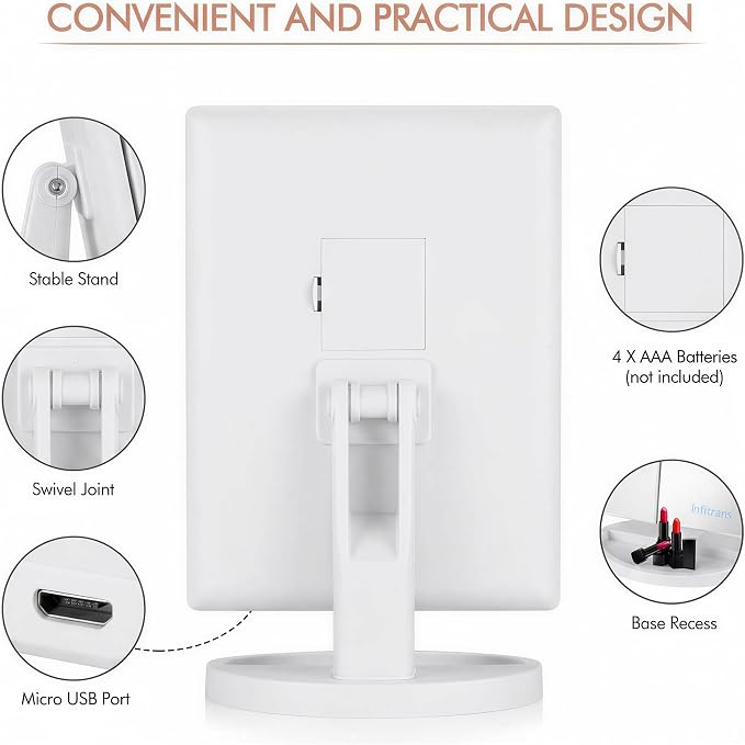 Infitrans Trifold Makeup Mirror Vanity Mirror with Lights,1X 2X 3X Magnification,Touch Control,Adjustable Rotation,Dual Power Supply,Portable Travel Cosmetic Mirror,Birthday Gifts for Women,Teengirls