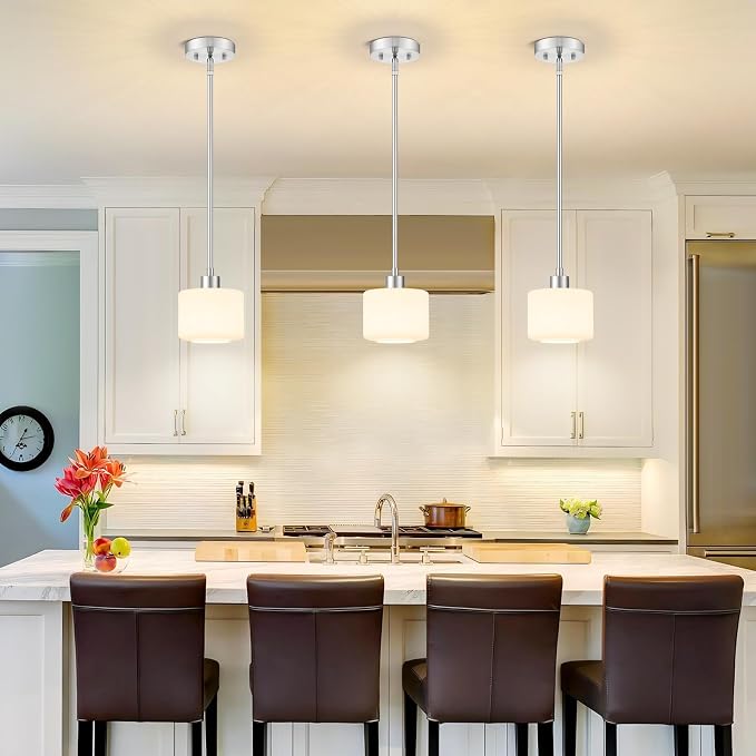 Milk Glass Pendant Lights Kitchen Island 2 Pack, Modern Brushed Nickel Hanging Light Fixtures with Rods, Mini Kitchen Pendant Lighting Over Island for Sink Bathroom, OS-YQ8153-2PBN