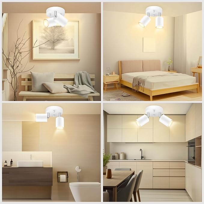 AUQUEE LED 2 Light Track Lighting Kit, LED Track Lighting Fixtures, White Round Ceiling Spot Lighting, Flexibly Rotatable Light Head for Kitchen, Living Room, Bedroom, GU10 Bulb Not Included