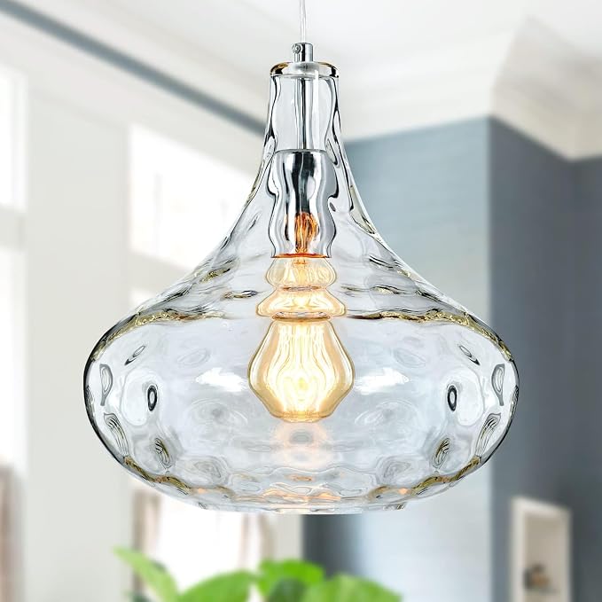 Hammered Glass Pendant Light, 11" Handblown Shade, Chrome Finish, Adjustable Hanging Cord, Vintage Ceiling Light for Kitchen Island, Dining Room, Hallway | Adjustable hanging cord, compatible with E26 bulbs, vintage pendant lighting for kitchen island,...