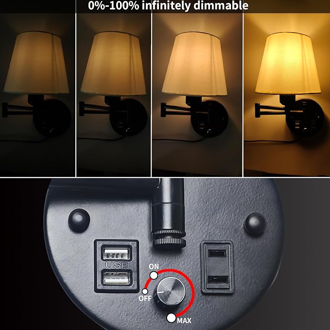 Wall Mounted Bedside Lamps with USB and 2 Pin Socket,Bedroom Sconces Set of 2 Cord and Switch,Dimmable Swing Arm Wall Sconce with White Linen Fabric Shade(E26/E27 Bulbs Not Included)